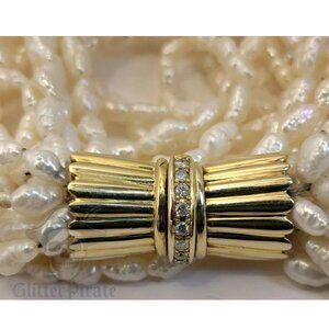 Vintage 14k Yellow Gold Diamond 10 Strand Freshwater Rice Pearl Necklace